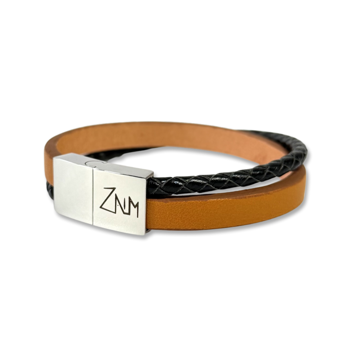 Bracelet with brown leather strap and silver clasp on a white background
