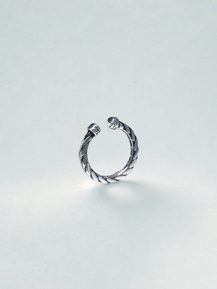 Silver twisted ring on a light gray background